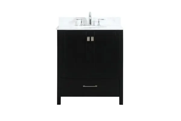 Never compromise beauty--the Irene collection stunning vanity in this finish will add lovely sophistication and complement any bathroom or powder room, while utilizing its charm and function to provide you with ample storage spaces. Brushed nickel pulls gently adorn the minimalist cabinet doors and drawers at the base, allowing for you to store away your bathroom essentials. The calacatta engineered marble countertop, porcelain undermount sink, dignified subtle engravings on the side edges, and squared legs all come together to create contemporary beauty. Work with your space, and design a beautiful room, no matter the size. Comes with a matching backsplash to help protect your bathroom wall. Collection: Irene Rooms: bathroom Finish: black Width: 22.00" Height: 34.00" Length: 30.00" Weight: 102.00 lb Material: MDF Country of Origin: Vietnam Manufacturer Warranty: 1 year limited Spec Sheet