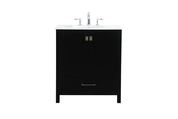 Never compromise beauty--the Irene collection stunning vanity in this finish will add lovely sophistication and complement any bathroom or powder room, while utilizing its charm and function to provide you with ample storage spaces. Brushed nickel pulls gently adorn the minimalist cabinet doors and drawers at the base, allowing for you to store away your bathroom essentials. The calacatta engineered marble countertop, porcelain undermount sink, dignified subtle engravings on the side edges, and squared legs all come together to create contemporary beauty. Work with your space, and design a beautiful room, no matter the size. Collection: Irene Rooms: bathroom Finish: black Width: 22.00" Height: 34.00" Length: 30.00" Weight: 102.00 lb Material: MDF Country of Origin: Vietnam Manufacturer Warranty: 1 year limited Spec Sheet