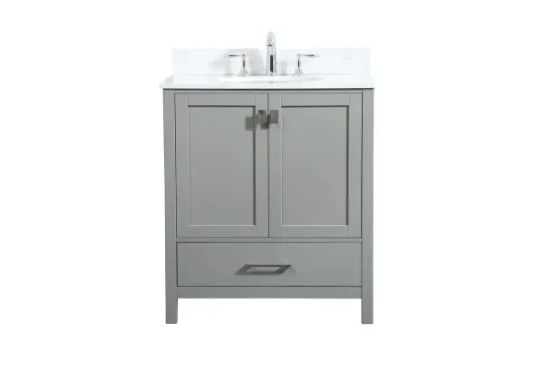 Never compromise beauty--the Irene collection stunning vanity in this finish will add lovely sophistication and complement any bathroom or powder room, while utilizing its charm and function to provide you with ample storage spaces. Brushed nickel pulls gently adorn the minimalist cabinet doors and drawers at the base, allowing for you to store away your bathroom essentials. The calacatta engineered marble countertop, porcelain undermount sink, dignified subtle engravings on the side edges, and squared legs all come together to create contemporary beauty. Work with your space, and design a beautiful room, no matter the size. Comes with a matching backsplash to help protect your bathroom wall. Collection: Irene Rooms: bathroom Finish: grey Width: 22.00" Height: 34.00" Length: 30.00" Weight: 102.00 lb Material: MDF Country of Origin: Vietnam Manufacturer Warranty: 1 year limited Spec Sheet