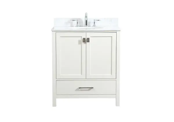 Never compromise beauty--the Irene collection stunning vanity in this finish will add lovely sophistication and complement any bathroom or powder room, while utilizing its charm and function to provide you with ample storage spaces. Brushed nickel pulls gently adorn the minimalist cabinet doors and drawers at the base, allowing for you to store away your bathroom essentials. The calacatta engineered marble countertop, porcelain undermount sink, dignified subtle engravings on the side edges, and squared legs all come together to create contemporary beauty. Work with your space, and design a beautiful room, no matter the size. Comes with a matching backsplash to help protect your bathroom wall. Collection: Irene Rooms: bathroom Finish: white Width: 22.00" Height: 34.00" Length: 30.00" Weight: 102.00 lb Material: MDF Country of Origin: Vietnam Manufacturer Warranty: 1 year limited Spec Sheet