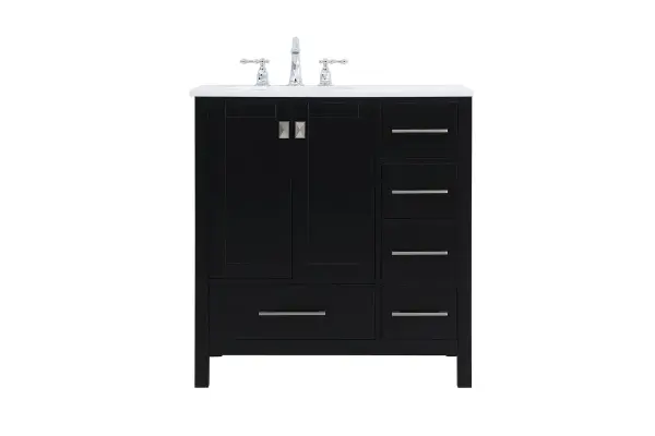 Never compromise beauty--the Irene collection stunning vanity in a black finish will add lovely sophistication and complement any bathroom or powder room, while utilizing its charm and function to provide you with ample storage spaces. Brushed nickel pulls gently adorn the minimalist cabinet doors and drawers at the base, allowing for you to store away your bathroom essentials. The calacatta engineered marble countertop, porcelain undermount sink, dignified subtle engravings on the side edges, and squared legs all come together to create contemporary beauty. Work with your space, and design a beautiful room, no matter the size. Collection: Irene Rooms: Bathroom Finish: Black Width: 22.00" Height: 34.00" Length: 32.00" Weight: 137.00 lb Material: solid wood, mdf, stone, metal Country of Origin: Vietnam Manufacturer Warranty: 1 year limited Spec Sheet