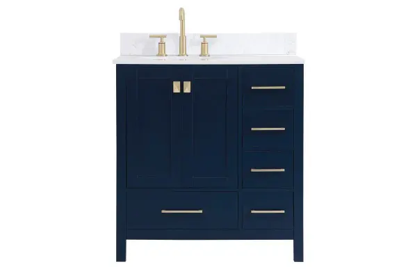 Never compromise beauty--the Irene collection stunning vanity in a blue finish will add lovely sophistication and complement any bathroom or powder room, while utilizing its charm and function to provide you with ample storage spaces. Satin gold pulls gently adorn the minimalist cabinet doors and drawers at the base, allowing for you to store away your bathroom essentials. The calacatta engineered marble countertop, porcelain undermount sink, dignified subtle engravings on the side edges, and squared legs all come together to create contemporary beauty. Work with your space, and design a beautiful room, no matter the size. Comes with a matching backsplash to complete the look and protects your wall. Collection: Irene Rooms: Bathroom Finish: Blue Width: 22.00" Height: 34.00" Length: 32.00" Weight: 137.00 lb Material: Solid wood and MDF Country of Origin: Vietnam Manufacturer Warranty: 1 year limited Spec Sheet