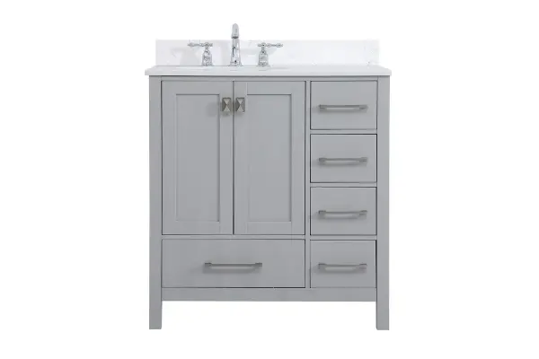 Never compromise beauty--the Irene collection stunning vanity in a gray finish will add lovely sophistication and complement any bathroom or powder room, while utilizing its charm and function to provide you with ample storage spaces. Brushed nickel pulls gently adorn the minimalist cabinet doors and drawers at the base, allowing for you to store away your bathroom essentials. The calacatta engineered marble countertop, porcelain undermount sink, dignified subtle engravings on the side edges, and squared legs all come together to create contemporary beauty. Work with your space, and design a beautiful room, no matter the size. Comes with a matching backsplash to complete the look and protects your wall. Collection: Irene Rooms: Bathroom Finish: Gray Width: 22.00" Height: 34.00" Length: 32.00" Weight: 137.00 lb Material: Solid wood and MDF Country of Origin: Vietnam Manufacturer Warranty: 1 year limited Spec Sheet
