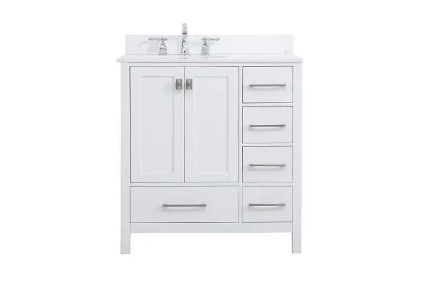 Never compromise beauty--the Irene collection stunning vanity in a white finish will add lovely sophistication and complement any bathroom or powder room, while utilizing its charm and function to provide you with ample storage spaces. Brushed nickel pulls gently adorn the minimalist cabinet doors and drawers at the base, allowing for you to store away your bathroom essentials. The calacatta engineered marble countertop, porcelain undermount sink, dignified subtle engravings on the side edges, and squared legs all come together to create contemporary beauty. Work with your space, and design a beautiful room, no matter the size. Comes with a matching backsplash to complete the look and protects your wall. Collection: Irene Rooms: Bathroom Finish: White Width: 22.00" Height: 34.00" Length: 32.00" Weight: 137.00 lb Material: Solid wood and MDF Country of Origin: Vietnam Manufacturer Warranty: 1 year limited Spec Sheet