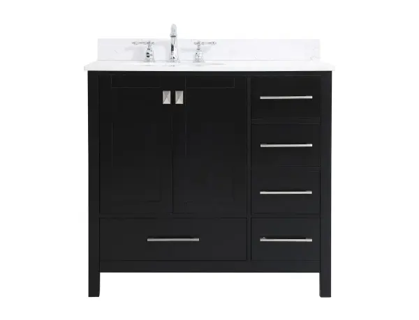 Never compromise beauty--the Irene collection stunning vanity in a black finish will add lovely sophistication and complement any bathroom or powder room, while utilizing its charm and function to provide you with ample storage spaces. Brushed nickel pulls gently adorn the minimalist cabinet doors and drawers at the base, allowing for you to store away your bathroom essentials. The calacatta engineered marble countertop, porcelain undermount sink, dignified subtle engravings on the side edges, and squared legs all come together to create contemporary beauty. Work with your space, and design a beautiful room, no matter the size. Comes with a matching backsplash to complete the look and protects your wall. Collection: Irene Rooms: Bathroom Finish: Black Width: 22.00" Height: 34.00" Length: 36.00" Weight: 145.00 lb Material: Solid wood and MDF Country of Origin: Vietnam Manufacturer Warranty: 1 year limited Spec Sheet