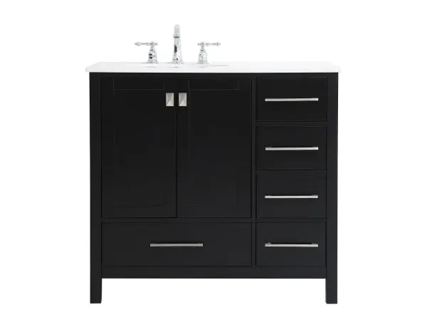 Never compromise beauty--the Irene collection stunning vanity in a black finish will add lovely sophistication and complement any bathroom or powder room, while utilizing its charm and function to provide you with ample storage spaces. Brushed nickel pulls gently adorn the minimalist cabinet doors and drawers at the base, allowing for you to store away your bathroom essentials. The calacatta engineered marble countertop, porcelain undermount sink, dignified subtle engravings on the side edges, and squared legs all come together to create contemporary beauty. Work with your space, and design a beautiful room, no matter the size. Collection: Irene Rooms: Bathroom Finish: Black Width: 22.00" Height: 34.00" Length: 36.00" Weight: 145.00 lb Material: solid wood, mdf, stone, metal Country of Origin: Vietnam Manufacturer Warranty: 1 year limited Spec Sheet
