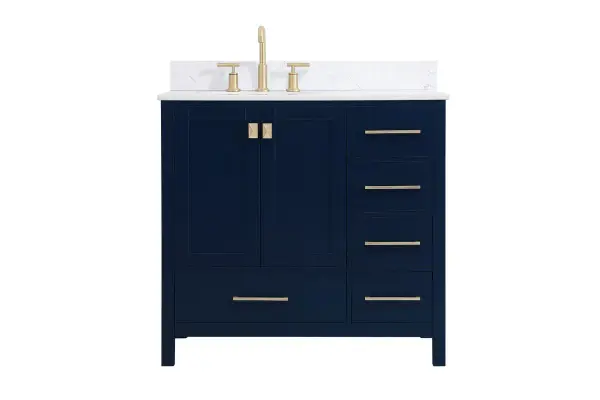 Never compromise beauty--the Irene collection stunning vanity in a blue finish will add lovely sophistication and complement any bathroom or powder room, while utilizing its charm and function to provide you with ample storage spaces. Satin gold pulls gently adorn the minimalist cabinet doors and drawers at the base, allowing for you to store away your bathroom essentials. The calacatta engineered marble countertop, porcelain undermount sink, dignified subtle engravings on the side edges, and squared legs all come together to create contemporary beauty. Work with your space, and design a beautiful room, no matter the size. Comes with a matching backsplash to complete the look and protects your wall. Collection: Irene Rooms: Bathroom Finish: Blue Width: 22.00" Height: 34.00" Length: 36.00" Weight: 145.00 lb Material: Solid wood and MDF Country of Origin: Vietnam Manufacturer Warranty: 1 year limited Spec Sheet