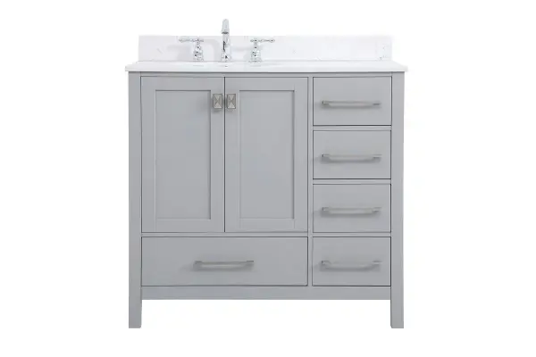 Never compromise beauty--the Irene collection stunning vanity in a gray finish will add lovely sophistication and complement any bathroom or powder room, while utilizing its charm and function to provide you with ample storage spaces. Brushed nickel pulls gently adorn the minimalist cabinet doors and drawers at the base, allowing for you to store away your bathroom essentials. The calacatta engineered marble countertop, porcelain undermount sink, dignified subtle engravings on the side edges, and squared legs all come together to create contemporary beauty. Work with your space, and design a beautiful room, no matter the size. Comes with a matching backsplash to complete the look and protects your wall. Collection: Irene Rooms: Bathroom Finish: Gray Width: 22.00" Height: 34.00" Length: 36.00" Weight: 145.00 lb Material: Solid wood and MDF Country of Origin: Vietnam Manufacturer Warranty: 1 year limited Spec Sheet