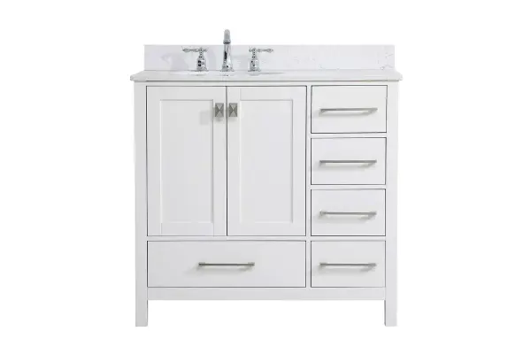 Never compromise beauty--the Irene collection stunning vanity in a white finish will add lovely sophistication and complement any bathroom or powder room, while utilizing its charm and function to provide you with ample storage spaces. Brushed nickel pulls gently adorn the minimalist cabinet doors and drawers at the base, allowing for you to store away your bathroom essentials. The calacatta engineered marble countertop, porcelain undermount sink, dignified subtle engravings on the side edges, and squared legs all come together to create contemporary beauty. Work with your space, and design a beautiful room, no matter the size. Comes with a matching backsplash to complete the look and protects your wall. Collection: Irene Rooms: Bathroom Finish: White Width: 22.00" Height: 34.00" Length: 36.00" Weight: 145.00 lb Material: Solid wood and MDF Country of Origin: Vietnam Manufacturer Warranty: 1 year limited Spec Sheet