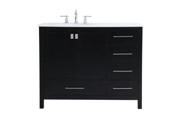 Never compromise beauty--the Irene collection stunning vanity in a black finish will add lovely sophistication and complement any bathroom or powder room, while utilizing its charm and function to provide you with ample storage spaces. Brushed nickel pulls gently adorn the minimalist cabinet doors and drawers at the base, allowing for you to store away your bathroom essentials. The calacatta engineered marble countertop, porcelain undermount sink, dignified subtle engravings on the side edges, and squared legs all come together to create contemporary beauty. Work with your space, and design a beautiful room, no matter the size. Collection: Irene Rooms: Bathroom Finish: Black Width: 22.00" Height: 34.00" Length: 42.00" Weight: 163.00 lb Material: solid wood, mdf, stone, metal Country of Origin: Vietnam Manufacturer Warranty: 1 year limited Spec Sheet