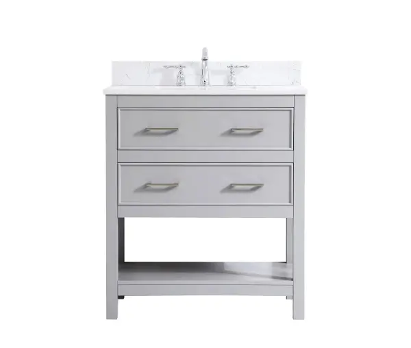 Make the most of your space with this 30" traditional style bathroom vanity. Its traditional style is able to complement many aesthetics with its grey finish, Calacatta engineered marble countertop, and the contemporary slender brushed nickel handle bar that sits on the two u-shaped drawers, allowing you to store an assortment of bathroom essentials. The lower shelf makes it the perfect space to hold new towels for your guests. This compact vanity ensures both form and function in your bathroom or powder room for you and your guests. Comes with a matching backsplash to complete the look and protects your wall. Collection: Sinclaire Rooms: bathroom Finish: Grey Width: 19.00" Height: 34.00" Length: 30.00" Weight: 105.00 lb Material: Solid wood and MDF Country of Origin: Vietnam Manufacturer Warranty: 1 year limited Spec Sheet