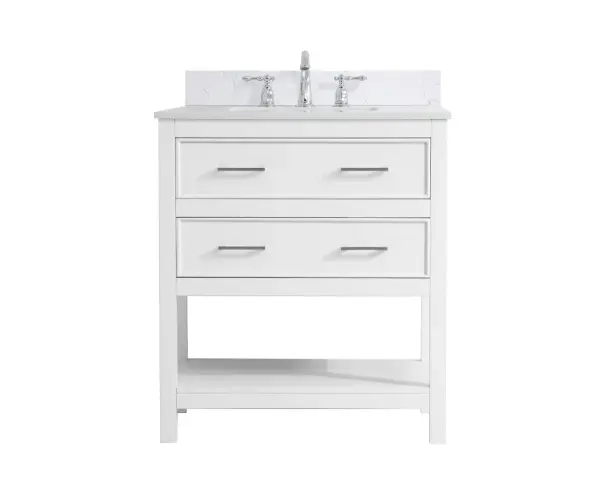 Make the most of your space with this 30" traditional style bathroom vanity. Its traditional style is able to complement many aesthetics with its white finish, Calacatta engineered marble countertop, and the contemporary slender brushed nickel handle bar that sits on the two u-shaped drawers, allowing you to store an assortment of bathroom essentials. The lower shelf makes it the perfect space to hold new towels for your guests. This compact vanity ensures both form and function in your bathroom or powder room for you and your guests. Comes with a matching backsplash to complete the look and protects your wall. Collection: Sinclaire Rooms: bathroom Finish: White Width: 19.00" Height: 34.00" Length: 30.00" Weight: 105.00 lb Material: Solid wood and MDF Country of Origin: Vietnam Manufacturer Warranty: 1 year limited Spec Sheet