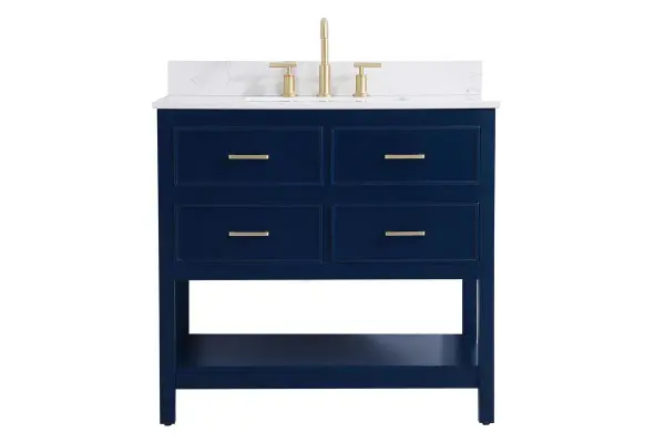 Make the most of your space with this traditional style bathroom vanity. Complements well with many aesthetics with its beautiful finish, calacatta engineered marble countertop, and the contemporary slender handle bar that sits on two upper false drawer and two lower u-shaped drawer, allowing you to store an assortment of bathroom essentials. The lower shelf makes it the perfect space to hold new towels for your guests. This compact vanity ensures both form and function in your bathroom or powder room for you and your guests. Comes with a matching backsplash to complete the look and protects your wall. Collection: Sinclaire Rooms: bathroom Finish: blue Width: 22.00" Height: 34.00" Length: 36.00" Weight: 130.00 lb Material: MDF Country of Origin: Vietnam Manufacturer Warranty: 1 year limited Spec Sheet