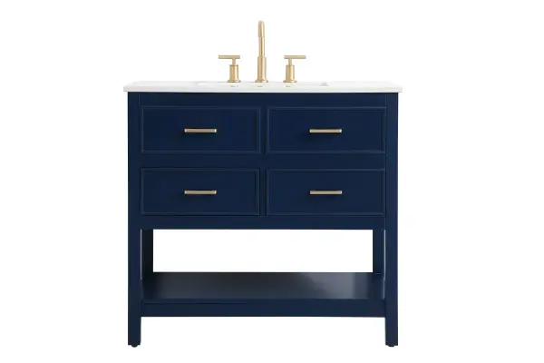 Make the most of your space with this traditional style bathroom vanity. Complements well with many aesthetics with its beautiful finish, calacatta engineered marble countertop, and the contemporary slender handle bar that sits on two upper false drawer and two lower u-shaped drawer, allowing you to store an assortment of bathroom essentials. The lower shelf makes it the perfect space to hold new towels for your guests. This compact vanity ensures both form and function in your bathroom or powder room for you and your guests. Collection: Sinclaire Rooms: bathroom Finish: blue Width: 22.00" Height: 34.00" Length: 36.00" Weight: 130.00 lb Material: MDF Country of Origin: Vietnam Manufacturer Warranty: 1 year limited Spec Sheet