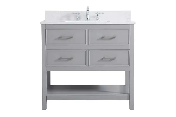 Make the most of your space with this traditional style bathroom vanity. Complements well with many aesthetics with its beautiful finish, calacatta engineered marble countertop, and the contemporary slender handle bar that sits on two upper false drawer and two lower u-shaped drawer, allowing you to store an assortment of bathroom essentials. The lower shelf makes it the perfect space to hold new towels for your guests. This compact vanity ensures both form and function in your bathroom or powder room for you and your guests. Comes with a matching backsplash to complete the look and protects your wall. Collection: Sinclaire Rooms: bathroom Finish: gray Width: 22.00" Height: 34.00" Length: 36.00" Weight: 130.00 lb Material: MDF Country of Origin: Vietnam Manufacturer Warranty: 1 year limited Spec Sheet