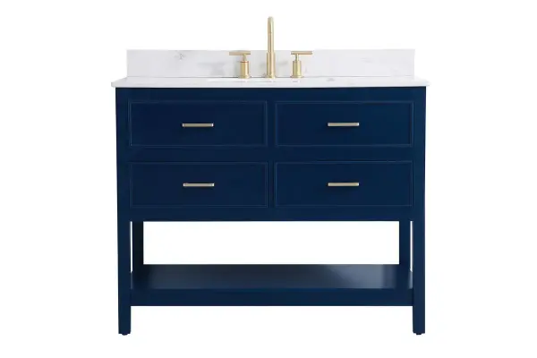 Make the most of your space with this traditional style bathroom vanity. Complements well with many aesthetics with its beautiful finish, calacatta engineered marble countertop, and the contemporary slender handle bar that sits on two upper false drawer and two lower u-shaped drawer, allowing you to store an assortment of bathroom essentials. The lower shelf makes it the perfect space to hold new towels for your guests. This compact vanity ensures both form and function in your bathroom or powder room for you and your guests. Collection: Sinclaire Rooms: bathroom Finish: blue Width: 22.00" Height: 34.00" Length: 42.00" Weight: 137.00 lb Material: MDF Country of Origin: Vietnam Manufacturer Warranty: 1 year limited Spec Sheet