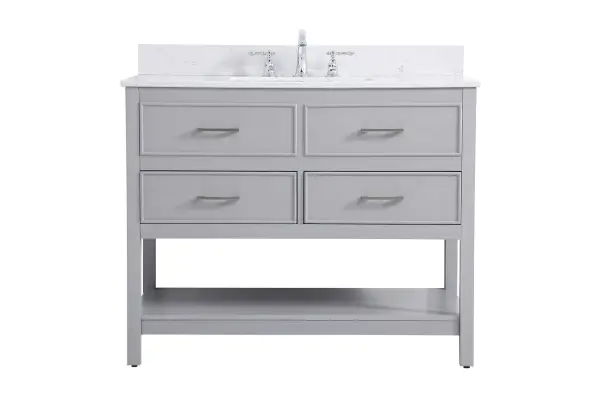 Make the most of your space with this traditional style bathroom vanity. Complements well with many aesthetics with its beautiful finish, calacatta engineered marble countertop, and the contemporary slender handle bar that sits on two upper false drawer and two lower u-shaped drawer, allowing you to store an assortment of bathroom essentials. The lower shelf makes it the perfect space to hold new towels for your guests. This compact vanity ensures both form and function in your bathroom or powder room for you and your guests. Collection: Sinclaire Rooms: bathroom Finish: gray Width: 22.00" Height: 34.00" Length: 42.00" Weight: 137.00 lb Material: MDF Country of Origin: Vietnam Manufacturer Warranty: 1 year limited Spec Sheet