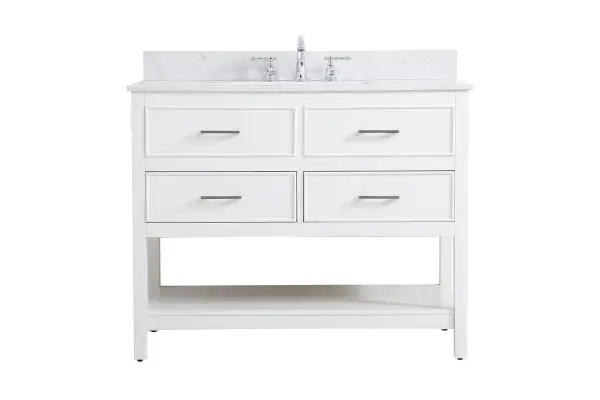 Make the most of your space with this traditional style bathroom vanity. Complements well with many aesthetics with its beautiful finish, calacatta engineered marble countertop, and the contemporary slender handle bar that sits on two upper false drawer and two lower u-shaped drawer, allowing you to store an assortment of bathroom essentials. The lower shelf makes it the perfect space to hold new towels for your guests. This compact vanity ensures both form and function in your bathroom or powder room for you and your guests. Collection: Sinclaire Rooms: bathroom Finish: white Width: 22.00" Height: 34.00" Length: 42.00" Weight: 137.00 lb Material: MDF Country of Origin: Vietnam Manufacturer Warranty: 1 year limited Spec Sheet