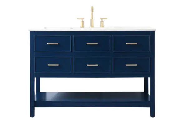 Make the most of your space with this traditional style bathroom vanity. Complements well with many aesthetics with its beautiful finish, calacatta engineered marble countertop, and the contemporary slender handle bar that sits on one false drawer and five functional drawers with soft closing mechanism, allowing you to store an assortment of bathroom essentials. The lower shelf makes it the perfect space to hold new towels for your guests. This compact vanity ensures both form and function in your bathroom or powder room for you and your guests. Collection: Sinclaire Rooms: bathroom Finish: blue Width: 22.00" Height: 34.00" Length: 48.00" Weight: 182.00 lb Material: MDF Country of Origin: Vietnam Manufacturer Warranty: 1 year limited Spec Sheet