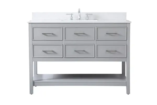 Make the most of your space with this traditional style bathroom vanity. Complements well with many aesthetics with its beautiful finish, calacatta engineered marble countertop, and the contemporary slender handle bar that sits on one false drawer and five functional drawers with soft closing mechanism, allowing you to store an assortment of bathroom essentials. The lower shelf makes it the perfect space to hold new towels for your guests. This compact vanity ensures both form and function in your bathroom or powder room for you and your guests. Comes with a matching backsplash to complete the look and protects your wall. Collection: Sinclaire Rooms: bathroom Finish: gray Width: 22.00" Height: 34.00" Length: 48.00" Weight: 182.00 lb Material: MDF Country of Origin: Vietnam Manufacturer Warranty: 1 year limited Spec Sheet