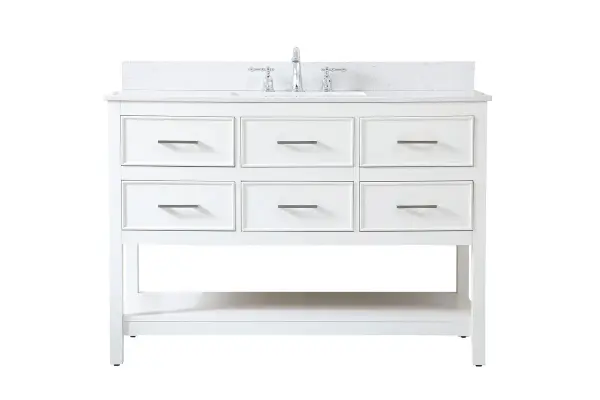 Make the most of your space with this traditional style bathroom vanity. Complements well with many aesthetics with its beautiful finish, calacatta engineered marble countertop, and the contemporary slender handle bar that sits on one false drawer and five functional drawers with soft closing mechanism, allowing you to store an assortment of bathroom essentials. The lower shelf makes it the perfect space to hold new towels for your guests. This compact vanity ensures both form and function in your bathroom or powder room for you and your guests. Comes with a matching backsplash to complete the look and protects your wall. Collection: Sinclaire Rooms: bathroom Finish: white Width: 22.00" Height: 34.00" Length: 48.00" Weight: 182.00 lb Material: MDF Country of Origin: Vietnam Manufacturer Warranty: 1 year limited Spec Sheet