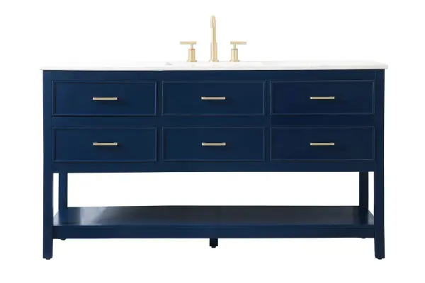 Make the most of your space with this traditional style bathroom vanity. Complements well with many aesthetics with its beautiful finish, calacatta engineered marble countertop, and the contemporary slender handle bar that sits on six functional drawers with soft closing mechanism, allowing you to store an assortment of bathroom essentials. The lower shelf makes it the perfect space to hold new towels for your guests. This compact vanity ensures both form and function in your bathroom or powder room for you and your guests. Collection: Sinclaire Rooms: bathroom Finish: blue Width: 22.00" Height: 34.00" Length: 60.00" Weight: 213.00 lb Material: MDF Country of Origin: Vietnam Manufacturer Warranty: 1 year limited Spec Sheet