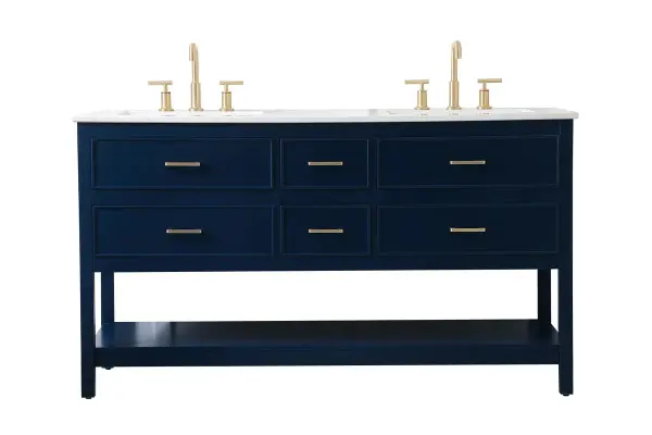 Make the most of your space with this traditional style bathroom vanity. Complements well with many aesthetics with its beautiful finish, calacatta engineered marble countertop, and the contemporary slender handle bar that sits on six functional drawers with soft closing mechanism, allowing you to store an assortment of bathroom essentials. The lower shelf makes it the perfect space to hold new towels for your guests. This compact vanity ensures both form and function in your bathroom or powder room for you and your guests. Collection: Sinclaire Rooms: bathroom Finish: blue Width: 22.00" Height: 34.00" Length: 60.00" Weight: 211.00 lb Material: MDF Country of Origin: Vietnam Manufacturer Warranty: 1 year limited Spec Sheet