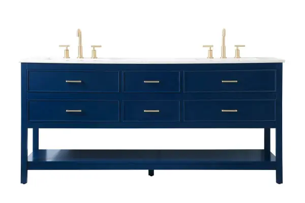 Make the most of your space with this traditional style bathroom vanity. Complements well with many aesthetics with its beautiful finish, calacatta engineered marble countertop, and the contemporary slender handle bar that sits on six functional drawers with soft closing mechanism, allowing you to store an assortment of bathroom essentials. The lower shelf makes it the perfect space to hold new towels for your guests. This compact vanity ensures both form and function in your bathroom or powder room for you and your guests. Collection: Sinclaire Rooms: bathroom Finish: blue Width: 22.00" Height: 34.00" Length: 72.00" Weight: 241.00 lb Material: MDF Country of Origin: Vietnam Manufacturer Warranty: 1 year limited Spec Sheet