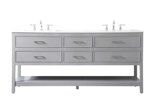 The Sinclaire 72" vanity combines traditional styling with modern functionality. Its gray finish and calacatta marble countertop create a sophisticated look, while six soft-close drawers and an open lower shelf provide exceptional storage.