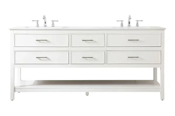 The Sinclaire 72" vanity combines traditional styling with modern functionality. Six soft-close drawers and an open lower shelf provide generous storage, while the calacatta marble top adds luxury.