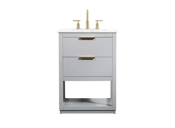 Live in modern comfort with this 24" gray finish vanity. Dressed in a gray and sleek gold metal hardware, its contemporary style will have your bathroom or powder room elevated in modern sophistication. The open shelf at the base and one drawer reveal ample storage space for your bathroom essentials and miscellany. Clean lines create its own visual interest, adding trendy looks to your already chic room. Collection: Larkin Rooms: bathroom Finish: Grey Width: 19.00" Height: 34.00" Length: 24.00" Weight: 78.00 lb Material: Solid wood and MDF Country of Origin: Vietnam Manufacturer Warranty: 1 year limited Spec Sheet