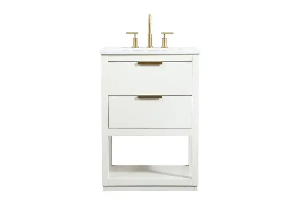 The Larkin 24" vanity brings contemporary sophistication to smaller bathrooms with its clean white finish and sleek gold hardware. Solid wood construction with practical storage makes it ideal for powder rooms and guest baths.