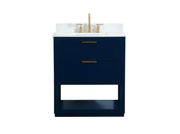 Live in modern comfort with this 30" blue finish vanity. Dressed in a blue and sleek gold metal hardware, its contemporary style will have your bathroom or powder room elevated in modern sophistication. The open shelf at the base and two drawers reveal ample storage space for your bathroom essentials and miscellany. Clean lines create its own visual interest, adding trendy looks to your already chic room. Comes with a matching backsplash to protect your walls. Collection: Larkin Rooms: bathroom Finish: Blue Width: 19.00" Height: 34.00" Length: 30.00" Weight: 116.00 lb Material: Solid wood and MDF Country of Origin: Vietnam Manufacturer Warranty: 1 year limited Spec Sheet