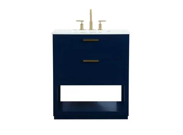 Live in modern comfort with this 30" blue finish vanity. Dressed in a blue and sleek gold metal hardware, its contemporary style will have your bathroom or powder room elevated in modern sophistication. The open shelf at the base and two drawers reveal ample storage space for your bathroom essentials and miscellany. Clean lines create its own visual interest, adding trendy looks to your already chic room. Collection: Larkin Rooms: bathroom Finish: Blue Width: 19.00" Height: 34.00" Length: 30.00" Weight: 98.00 lb Material: Solid wood and MDF Country of Origin: Vietnam Manufacturer Warranty: 1 year limited Spec Sheet
