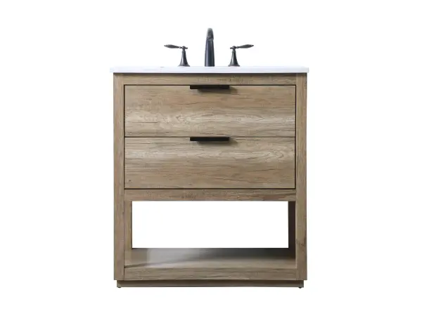 Dimensions
Length: 30"
Width: 19"
Height: 34"
Depth: 19"
Counter Top Length: 30"
Counter Top Width: 19"
Counter Top Height: 0.7"
Sink Width: 15.8"
Sink Depth: 10.9"
Sink Height: 7.875"
Sink Drain Hole Size: 1.77"
Faucet Hole Spacing: 8 inch"
Specifications
Assembly Required: NO
Base Material: MDF
Counter Top Edge Style: Straight
Counter Top Finish: Calacatta white
Distressed Finish: NO
Drain Assembly Included: NO
Faucet Included: NO
Finish (Color): Natural Oak
Vanity Material: Solid Wood and MDF
Hardware Finish: Black
Harware Material: Aluminium alloy
Number of Faucet Holes: 3
Number of Sinks: 1
Product Shape: Rectangle
Product Type: Bathroom Vanities
Product Warranty: 1 year limited
Sink Mounting Type: Undermount
Vanity Backsplash: NO
Vanity Mounting Type: Free-Standing
Weight: 104
Wire Included: No
Wood Type: Rubberwood
Shipment type: Oversized Ground
US Shipping Cost: $142.00
Drawers
Drawers Included: Yes
Number of Drawers: 2
False Drawers: NO
Drawer Width: DW1:25.8
DW2:25.8
Drawer Depth: DW1:14
DW2:14
Drawer Height: DW1:7.9
DW2:7.9
Drawer Handle Designs: Finger pulls
Shelves
Number of Shelves: 1
Shelf Width: 26.1