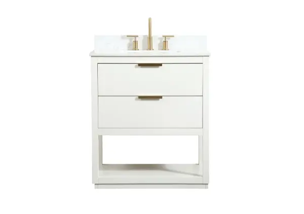 Live in modern comfort with this 30" white finish vanity. Dressed in a white and sleek gold metal hardware, its contemporary style will have your bathroom or powder room elevated in modern sophistication. The open shelf at the base and two drawers reveal ample storage space for your bathroom essentials and miscellany. Clean lines create its own visual interest, adding trendy looks to your already chic room. Comes with a matching backsplash to protect your walls. Collection: Larkin Rooms: bathroom Finish: white Width: 19.00" Height: 34.00" Length: 30.00" Weight: 116.00 lb Material: Solid wood and MDF Country of Origin: Vietnam Manufacturer Warranty: 1 year limited Spec Sheet