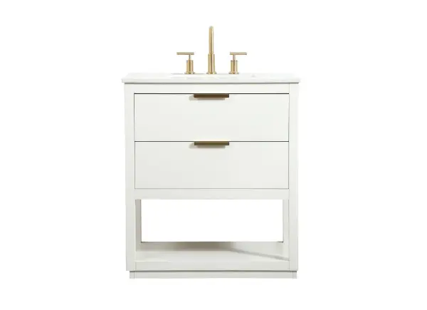 The Larkin vanity brings contemporary sophistication to smaller bathrooms with its clean white finish and sleek gold hardware. Two drawers plus an open shelf provide practical storage in a space-efficient 30-inch footprint.