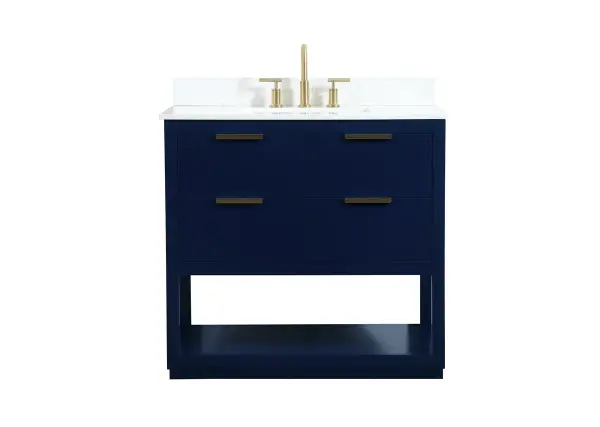 Live in modern comfort with this 36" blue finish vanity. Dressed in a blue and sleek gold metal hardware, its contemporary style will have your bathroom or powder room elevated in modern sophistication. The open shelf at the base and four drawers reveal ample storage space for your bathroom essentials and miscellany. Clean lines create its own visual interest, adding trendy looks to your already chic room. Comes with a matching backsplash to protect your walls. Collection: Larkin Rooms: bathroom Finish: Blue Width: 22.00" Height: 34.00" Length: 36.00" Weight: 163.00 lb Material: Solid wood and MDF Country of Origin: Vietnam Manufacturer Warranty: 1 year limited Spec Sheet
