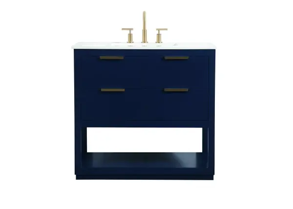 Live in modern comfort with this 36" blue finish vanity. Dressed in a blue and sleek gold metal hardware, its contemporary style will have your bathroom or powder room elevated in modern sophistication. The open shelf at the base and four drawers reveal ample storage space for your bathroom essentials and miscellany. Clean lines create its own visual interest, adding trendy looks to your already chic room. Collection: Larkin Rooms: bathroom Finish: Blue Width: 22.00" Height: 34.00" Length: 36.00" Weight: 141.00 lb Material: Solid wood and MDF Country of Origin: Vietnam Manufacturer Warranty: 1 year limited Spec Sheet