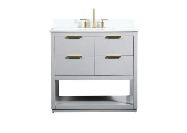 Live in modern comfort with this 36" gray finish vanity. Dressed in a gray and sleek gold metal hardware, its contemporary style will have your bathroom or powder room elevated in modern sophistication. The open shelf at the base and four drawers reveal ample storage space for your bathroom essentials and miscellany. Clean lines create its own visual interest, adding trendy looks to your already chic room. Comes with a matching backsplash to protect your walls. Collection: Larkin Rooms: bathroom Finish: Grey Width: 22.00" Height: 34.00" Length: 36.00" Weight: 163.00 lb Material: Solid wood and MDF Country of Origin: Vietnam Manufacturer Warranty: 1 year limited Spec Sheet