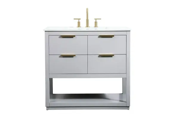 This contemporary gray vanity combines clean lines with practical storage, featuring four drawers and an open shelf. The sleek gold metal hardware adds a touch of sophistication to any bathroom or powder room.