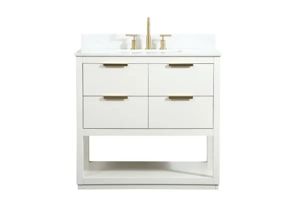 Live in modern comfort with this 36" white finish vanity. Dressed in a white and sleek gold metal hardware, its contemporary style will have your bathroom or powder room elevated in modern sophistication. The open shelf at the base and four drawers reveal ample storage space for your bathroom essentials and miscellany. Clean lines create its own visual interest, adding trendy looks to your already chic room. Comes with a matching backsplash to protect your walls. Collection: Larkin Rooms: bathroom Finish: white Width: 22.00" Height: 34.00" Length: 36.00" Weight: 163.00 lb Material: Solid wood and MDF Country of Origin: Vietnam Manufacturer Warranty: 1 year limited Spec Sheet