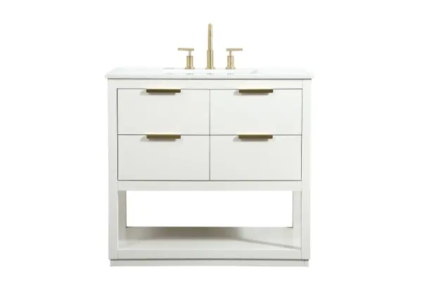 The Larkin vanity combines contemporary white finish with sleek gold hardware for modern sophistication. Four drawers plus an open shelf provide generous storage, while clean lines create visual interest in any bathroom.