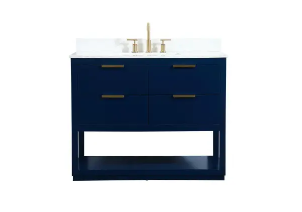 Live in modern comfort with this 42" blue finish vanity. Dressed in a blue and sleek gold metal hardware, its contemporary style will have your bathroom or powder room elevated in modern sophistication. The open shelf at the base and four drawers reveal ample storage space for your bathroom essentials and miscellany. Clean lines create its own visual interest, adding trendy looks to your already chic room. Comes with a matching backsplash to protect your walls. Collection: Larkin Rooms: bathroom Finish: Blue Width: 22.00" Height: 34.00" Length: 42.00" Weight: 175.00 lb Material: Solid wood and MDF Country of Origin: Vietnam Manufacturer Warranty: 1 year limited Spec Sheet