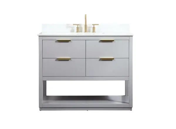 Live in modern comfort with this 42" gray finish vanity. Dressed in a gray and sleek gold metal hardware, its contemporary style will have your bathroom or powder room elevated in modern sophistication. The open shelf at the base and four drawers reveal ample storage space for your bathroom essentials and miscellany. Clean lines create its own visual interest, adding trendy looks to your already chic room. Comes with a matching backsplash to protect your walls. Collection: Larkin Rooms: bathroom Finish: Grey Width: 22.00" Height: 34.00" Length: 42.00" Weight: 175.00 lb Material: Solid wood and MDF Country of Origin: Vietnam Manufacturer Warranty: 1 year limited Spec Sheet