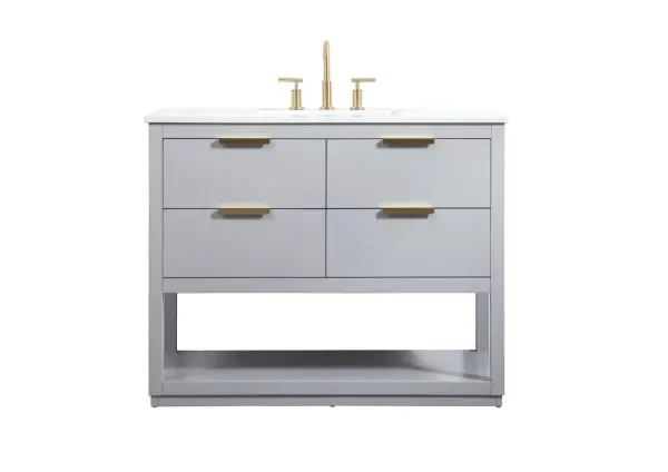 A contemporary gray vanity that combines sleek design with practical storage. Four drawers plus an open shelf provide excellent organization, while gold metal hardware adds sophisticated detail.