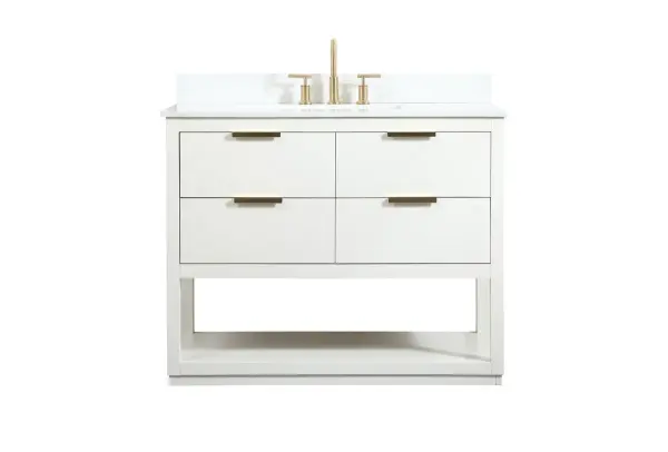 Live in modern comfort with this 42" white finish vanity. Dressed in a white and sleek gold metal hardware, its contemporary style will have your bathroom or powder room elevated in modern sophistication. The open shelf at the base and four drawers reveal ample storage space for your bathroom essentials and miscellany. Clean lines create its own visual interest, adding trendy looks to your already chic room. Comes with a matching backsplash to protect your walls. Collection: Larkin Rooms: bathroom Finish: white Width: 22.00" Height: 34.00" Length: 42.00" Weight: 175.00 lb Material: Solid wood and MDF Country of Origin: Vietnam Manufacturer Warranty: 1 year limited Spec Sheet