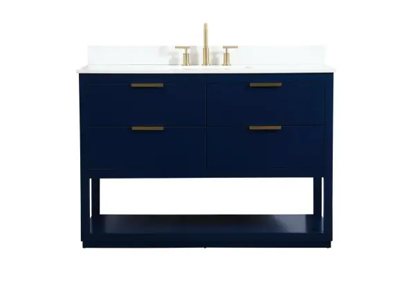 Live in modern comfort with this 48" blue finish vanity. Dressed in a blue and sleek gold metal hardware, its contemporary style will have your bathroom or powder room elevated in modern sophistication. The open shelf at the base and four drawers reveal ample storage space for your bathroom essentials and miscellany. Clean lines create its own visual interest, adding trendy looks to your already chic room. Comes with a matching backsplash to protect your walls. Collection: Larkin Rooms: bathroom Finish: Blue Width: 22.00" Height: 34.00" Length: 48.00" Weight: 209.00 lb Material: Solid wood and MDF Country of Origin: Vietnam Manufacturer Warranty: 1 year limited Spec Sheet