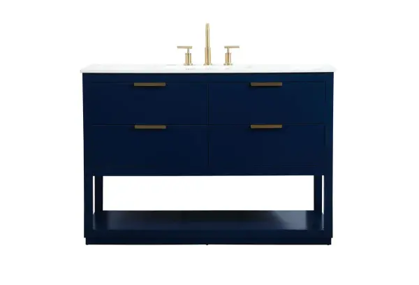Live in modern comfort with this 48" blue finish vanity. Dressed in a blue and sleek gold metal hardware, its contemporary style will have your bathroom or powder room elevated in modern sophistication. The open shelf at the base and four drawers reveal ample storage space for your bathroom essentials and miscellany. Clean lines create its own visual interest, adding trendy looks to your already chic room. Collection: Larkin Rooms: bathroom Finish: Blue Width: 22.00" Height: 34.00" Length: 48.00" Weight: 191.00 lb Material: Solid wood and MDF Country of Origin: Vietnam Manufacturer Warranty: 1 year limited Spec Sheet