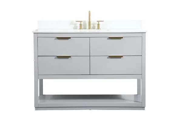Live in modern comfort with this 48" gray finish vanity. Dressed in a gray and sleek gold metal hardware, its contemporary style will have your bathroom or powder room elevated in modern sophistication. The open shelf at the base and four drawers reveal ample storage space for your bathroom essentials and miscellany. Clean lines create its own visual interest, adding trendy looks to your already chic room. Comes with a matching backsplash to protect your walls. Collection: Larkin Rooms: bathroom Finish: Grey Width: 22.00" Height: 34.00" Length: 48.00" Weight: 209.00 lb Material: Solid wood and MDF Country of Origin: Vietnam Manufacturer Warranty: 1 year limited Spec Sheet